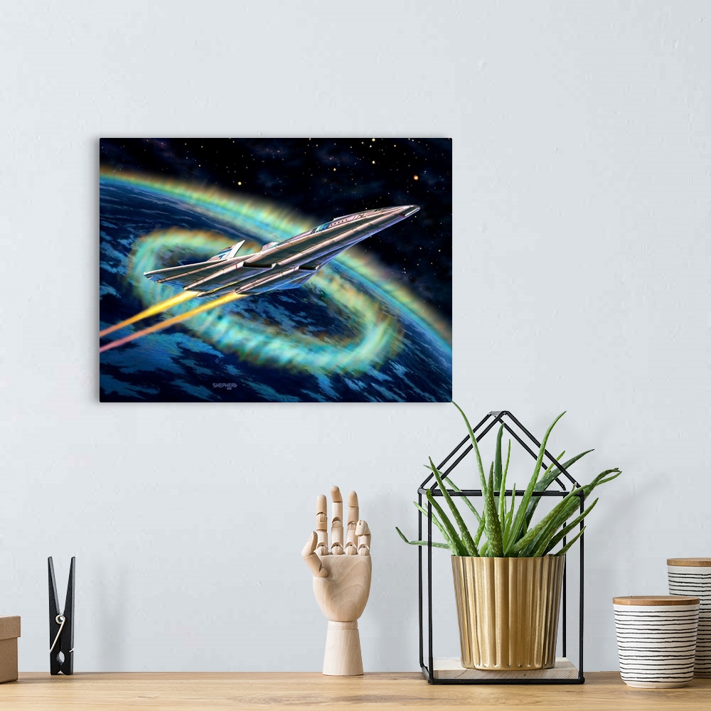 A bohemian room featuring An civilian Orbital shuttle breaks free from the Earth's atmosphere with an aurora glowing behind.