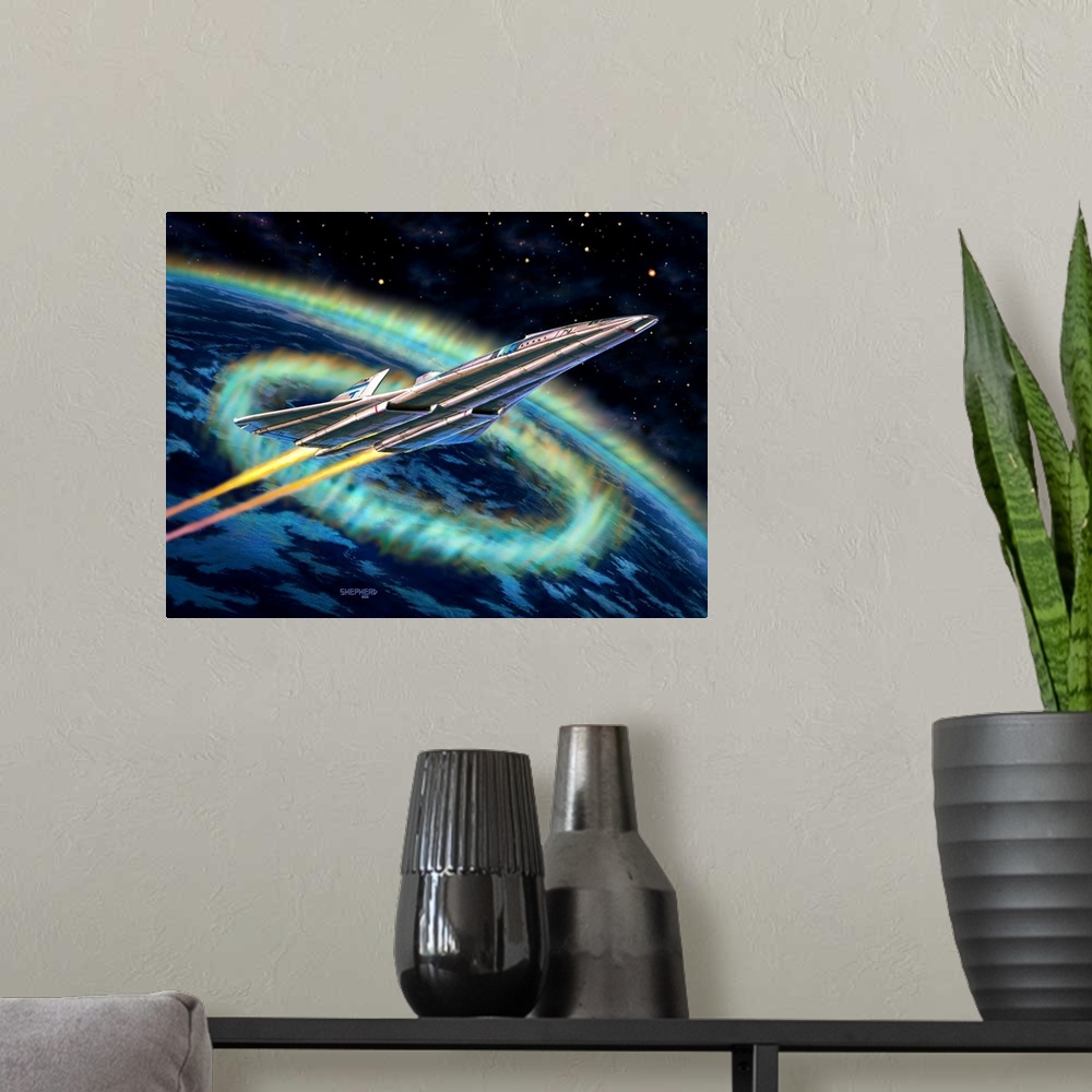 A modern room featuring An civilian Orbital shuttle breaks free from the Earth's atmosphere with an aurora glowing behind.