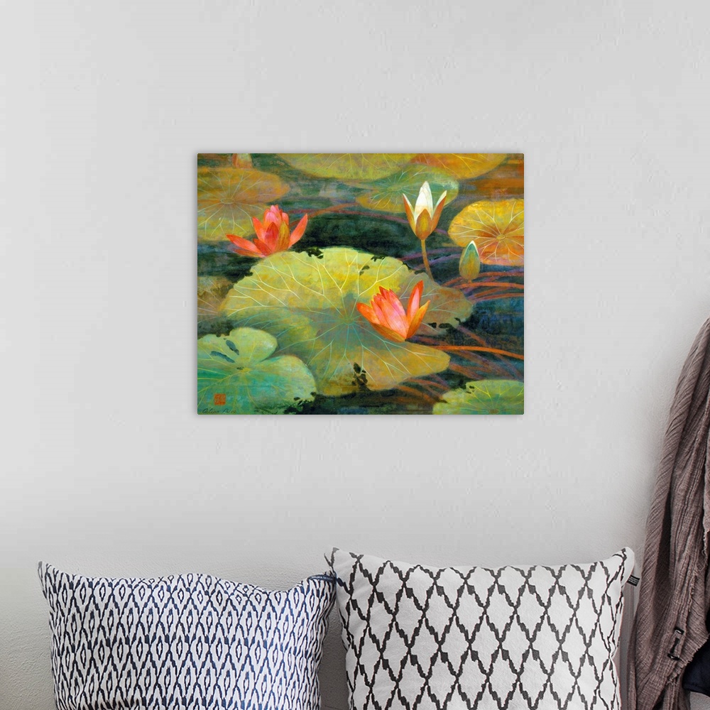 A bohemian room featuring This is a horizontal, contemporary painting full of detail of lily pads and lotus blossoms floati...
