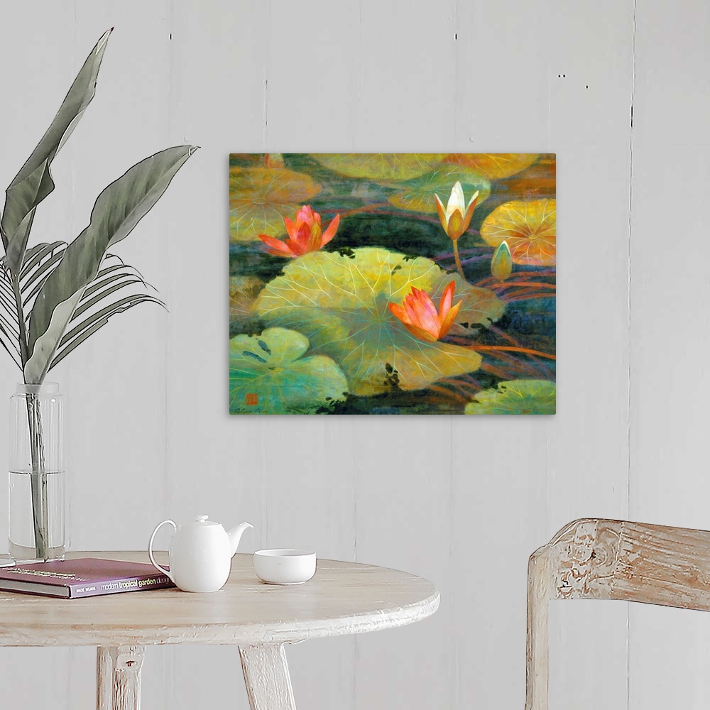 A farmhouse room featuring This is a horizontal, contemporary painting full of detail of lily pads and lotus blossoms floati...