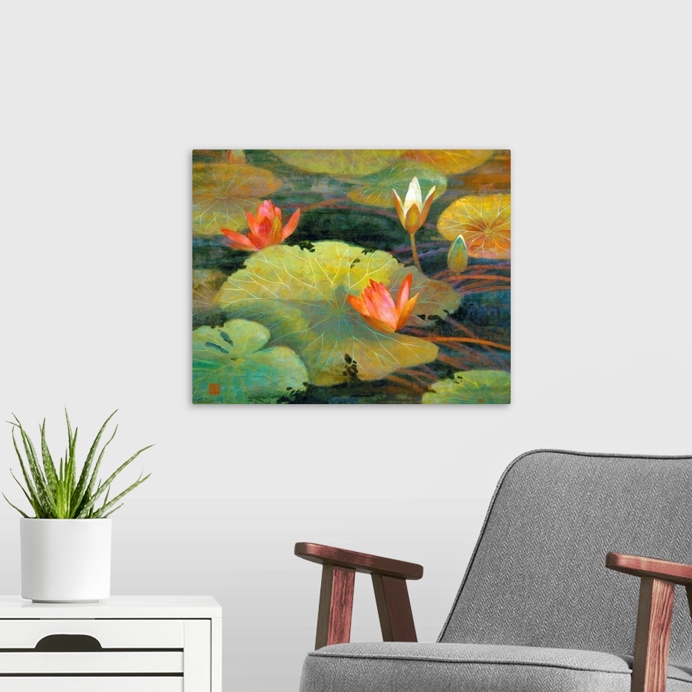 A modern room featuring This is a horizontal, contemporary painting full of detail of lily pads and lotus blossoms floati...