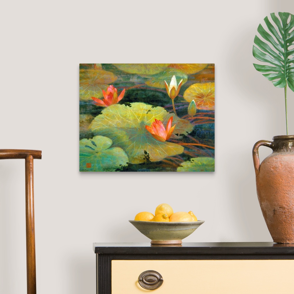 A traditional room featuring This is a horizontal, contemporary painting full of detail of lily pads and lotus blossoms floati...