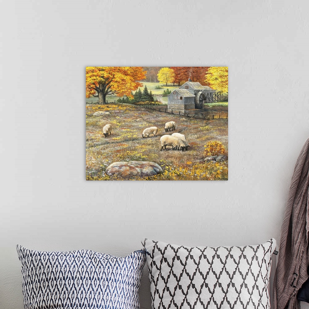 A bohemian room featuring Painting of woolly sheep in a field in autumn. With a watermill in the background.