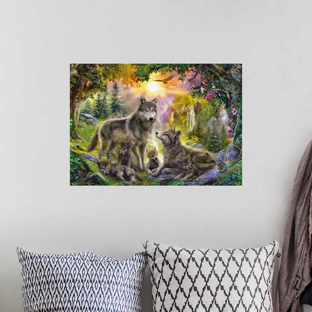 A bohemian room featuring Fantasy painting of an eagle flying above two adult wolves and their children in a lush fall land...