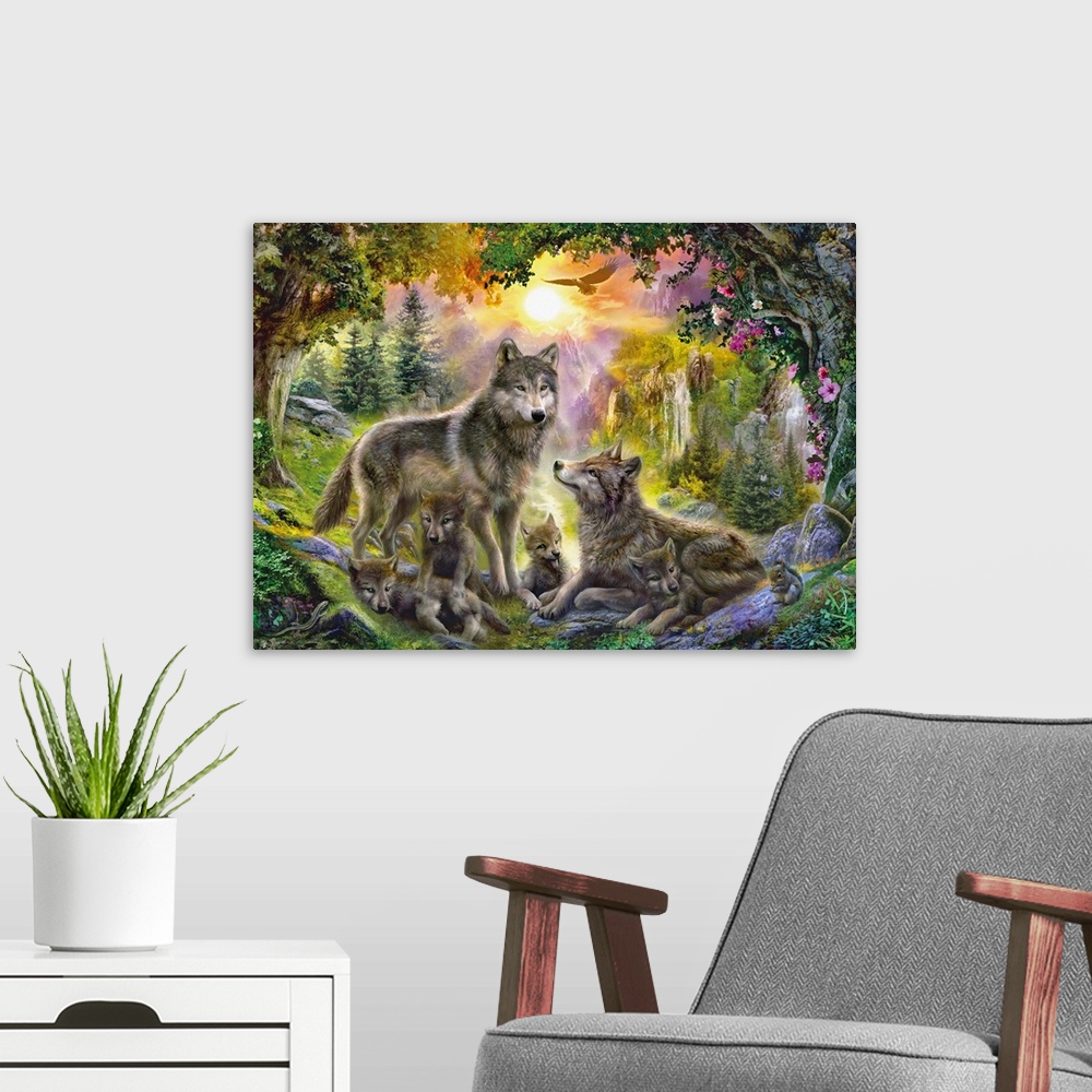 A modern room featuring Fantasy painting of an eagle flying above two adult wolves and their children in a lush fall land...