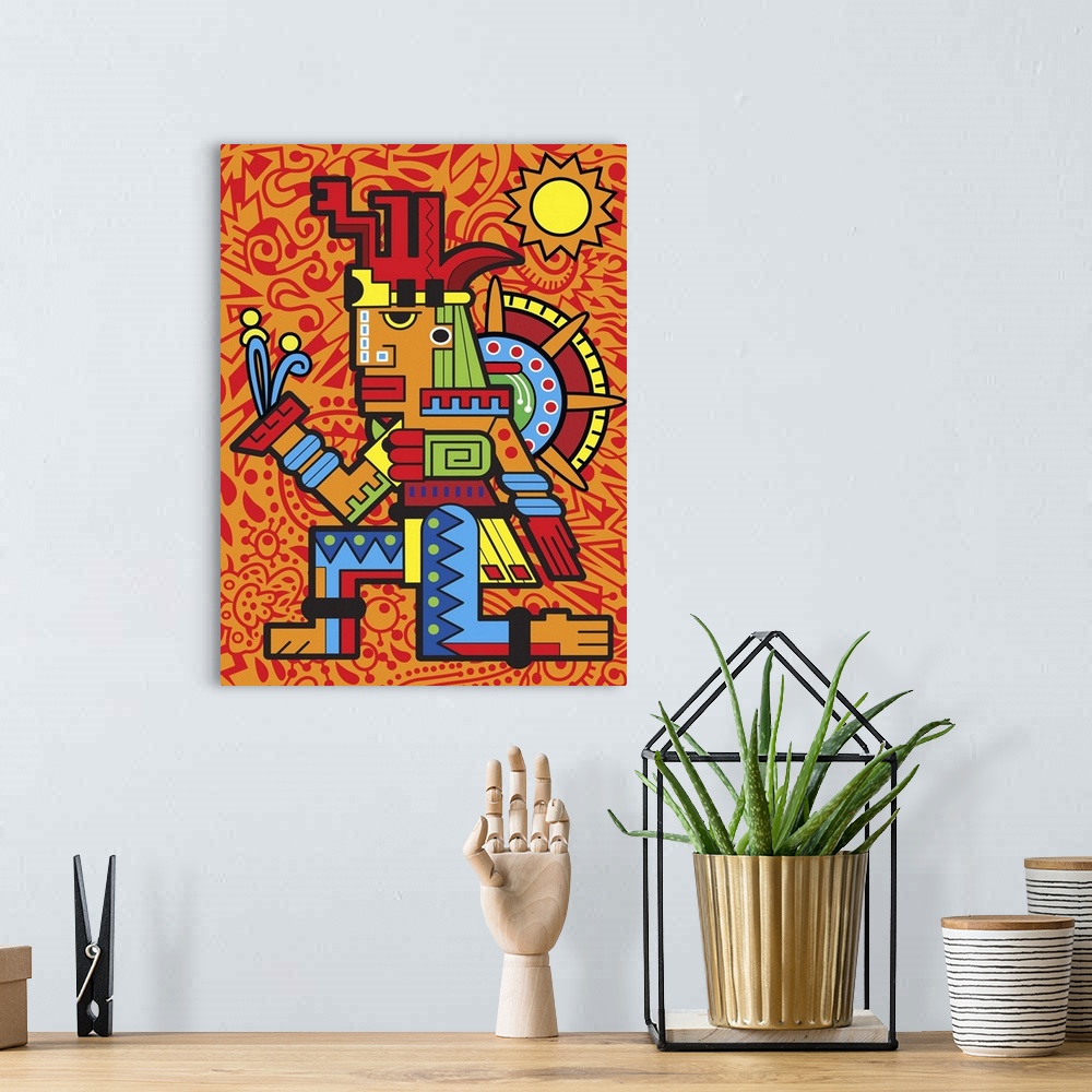 A bohemian room featuring Colorful urban art inspired Aztec design of a figure in elaborate patterns and colors. Against an...