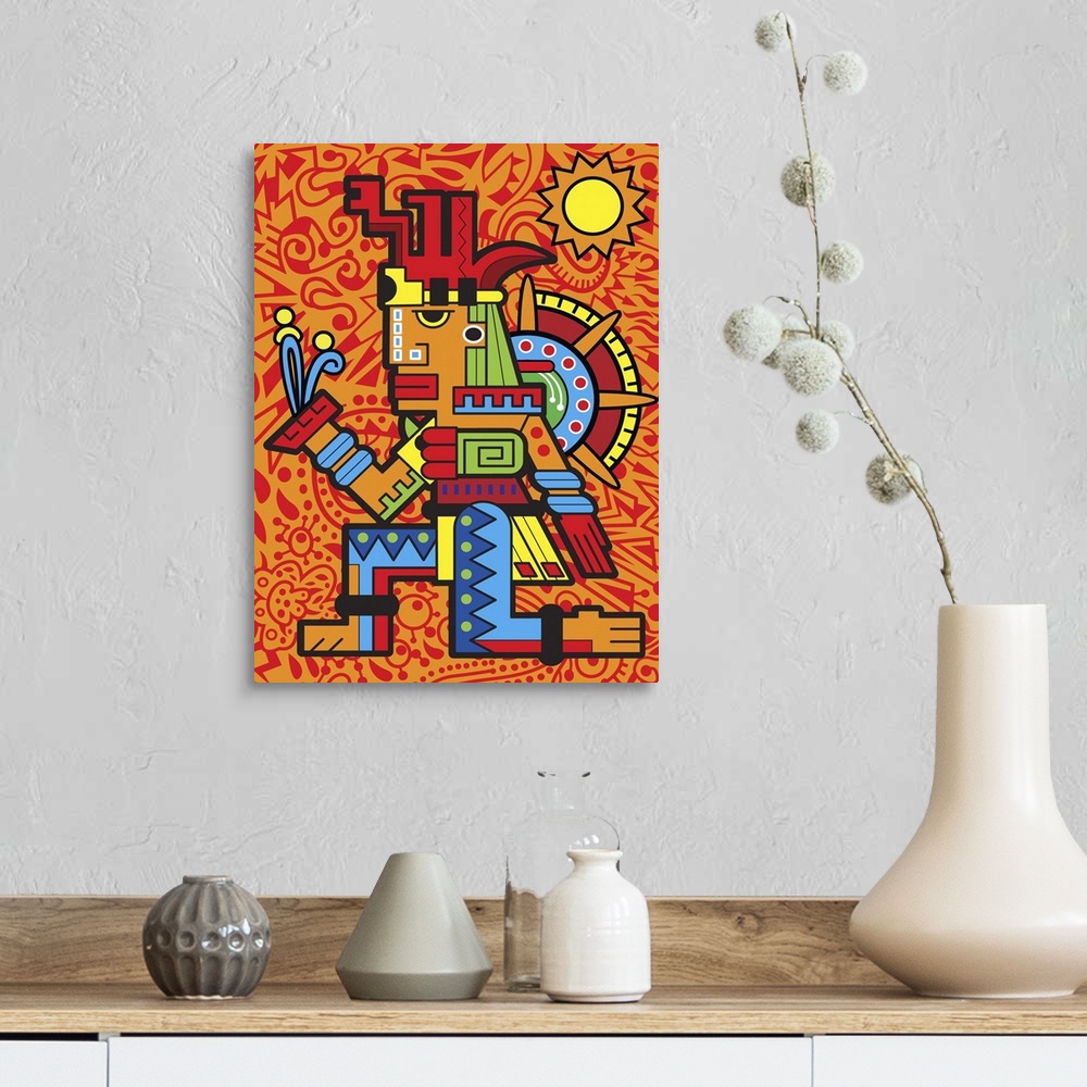 A farmhouse room featuring Colorful urban art inspired Aztec design of a figure in elaborate patterns and colors. Against an...