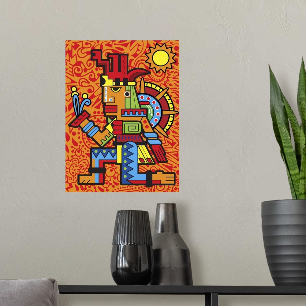 A modern room featuring Colorful urban art inspired Aztec design of a figure in elaborate patterns and colors. Against an...