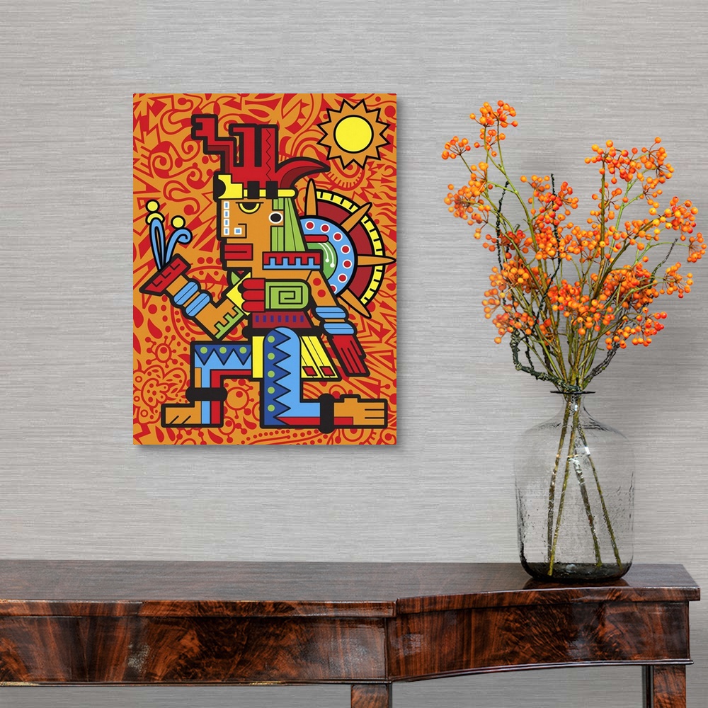 A traditional room featuring Colorful urban art inspired Aztec design of a figure in elaborate patterns and colors. Against an...