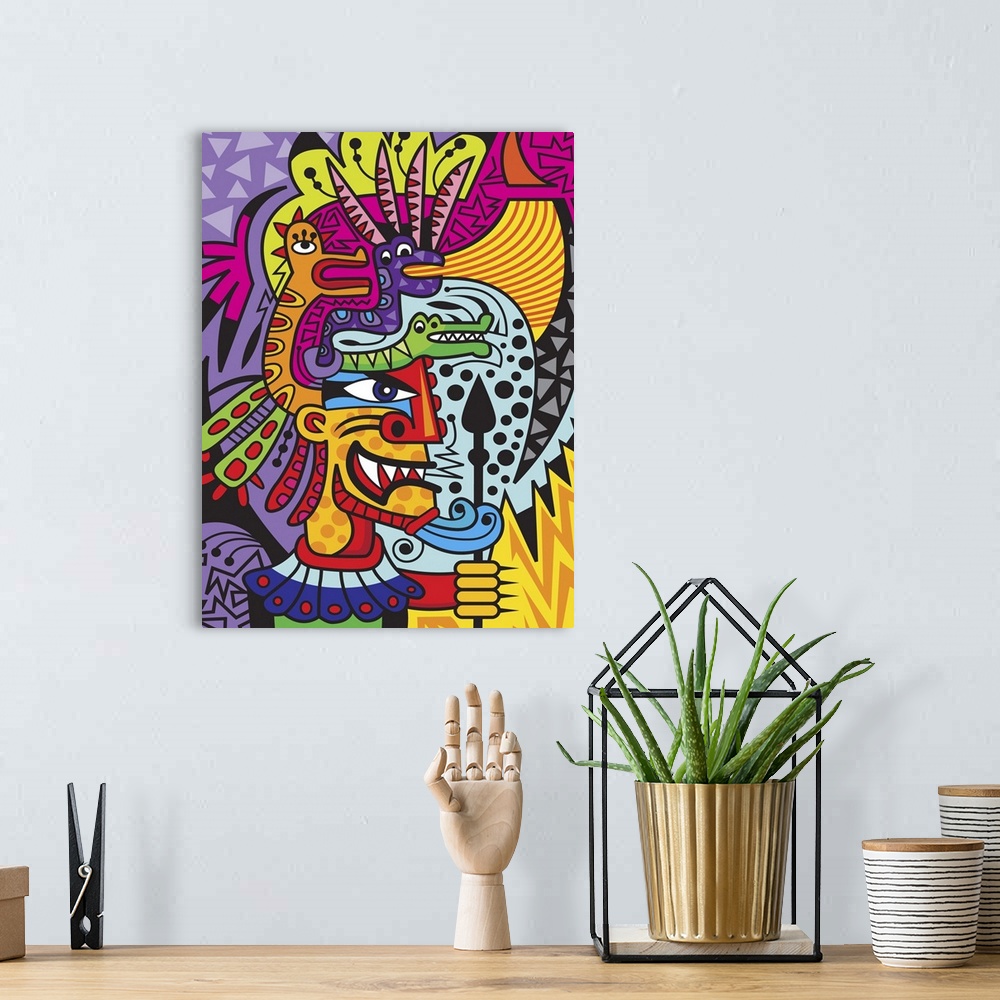 A bohemian room featuring Colorful urban art inspired Aztec warrior figure surrounded by vivid colors and patterns.