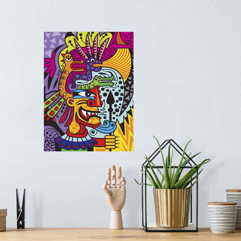 A bohemian room featuring Colorful urban art inspired Aztec warrior figure surrounded by vivid colors and patterns.