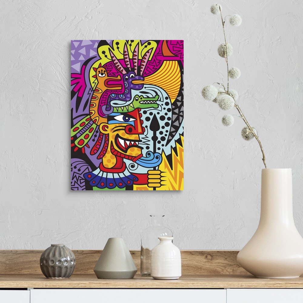 A farmhouse room featuring Colorful urban art inspired Aztec warrior figure surrounded by vivid colors and patterns.