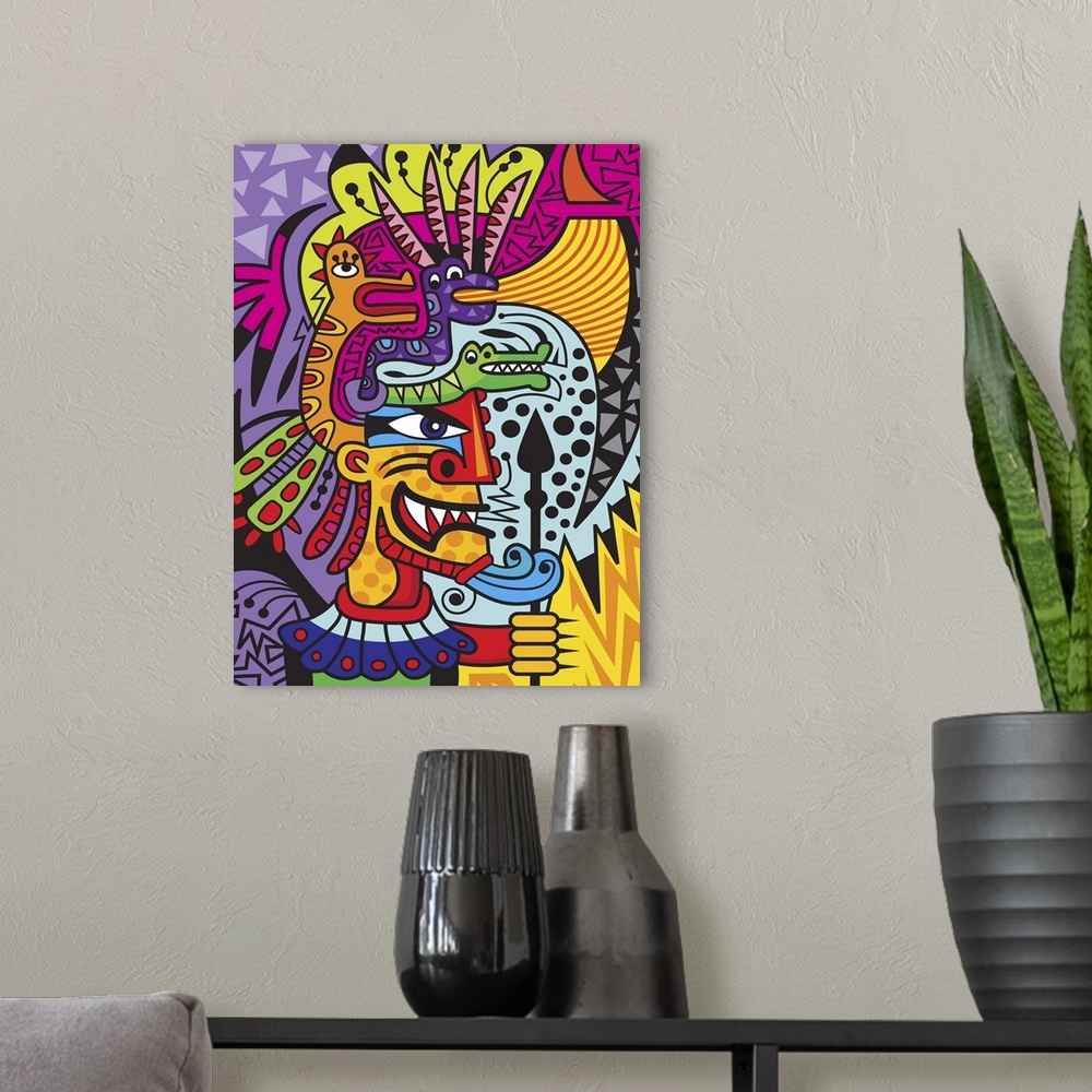 A modern room featuring Colorful urban art inspired Aztec warrior figure surrounded by vivid colors and patterns.