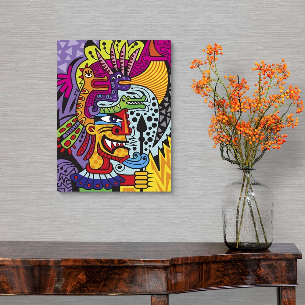 A traditional room featuring Colorful urban art inspired Aztec warrior figure surrounded by vivid colors and patterns.