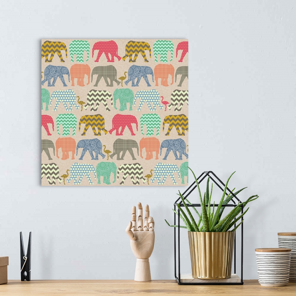 A bohemian room featuring repeating pattern ~ geo baby elephants and flamingos on linen texture background