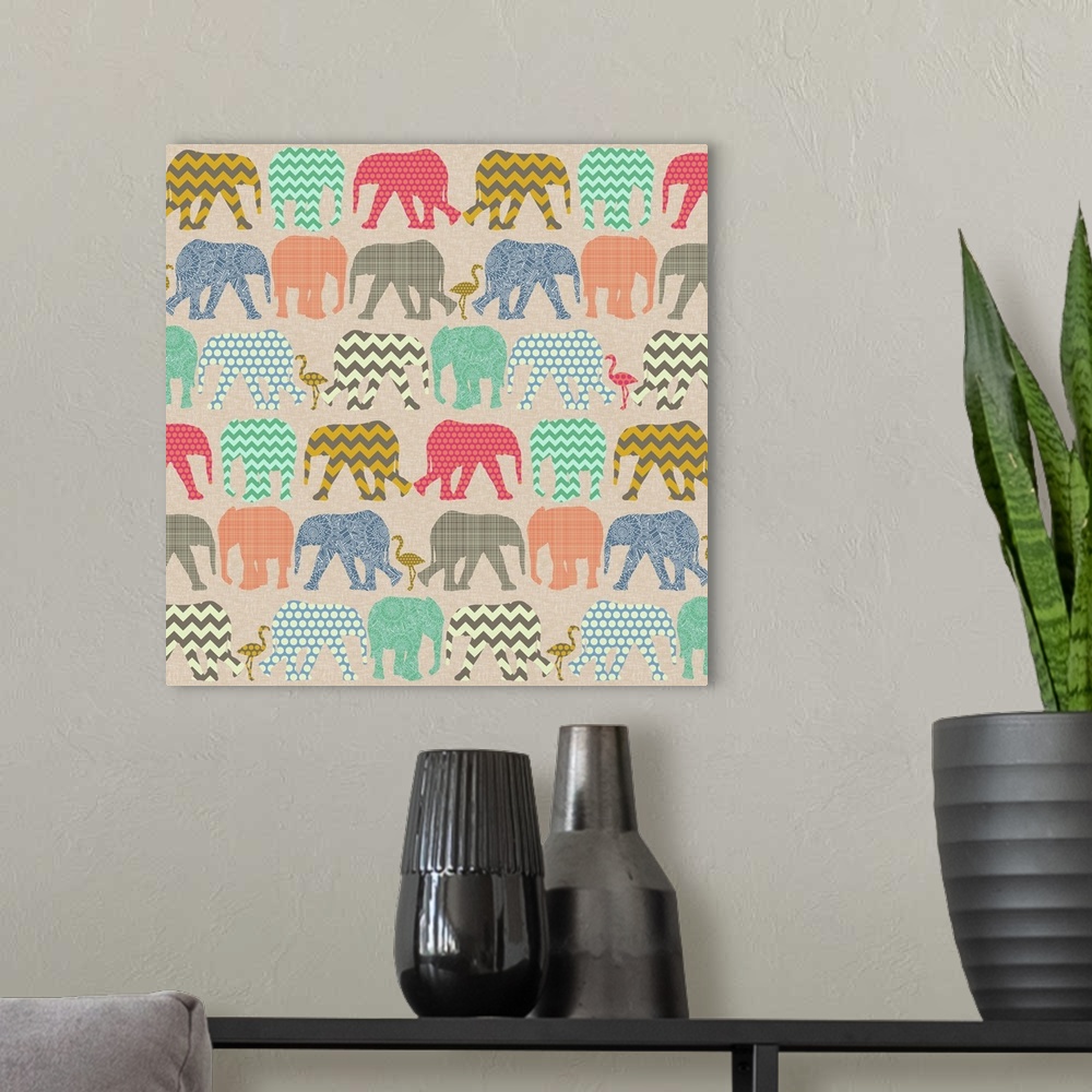 A modern room featuring repeating pattern ~ geo baby elephants and flamingos on linen texture background