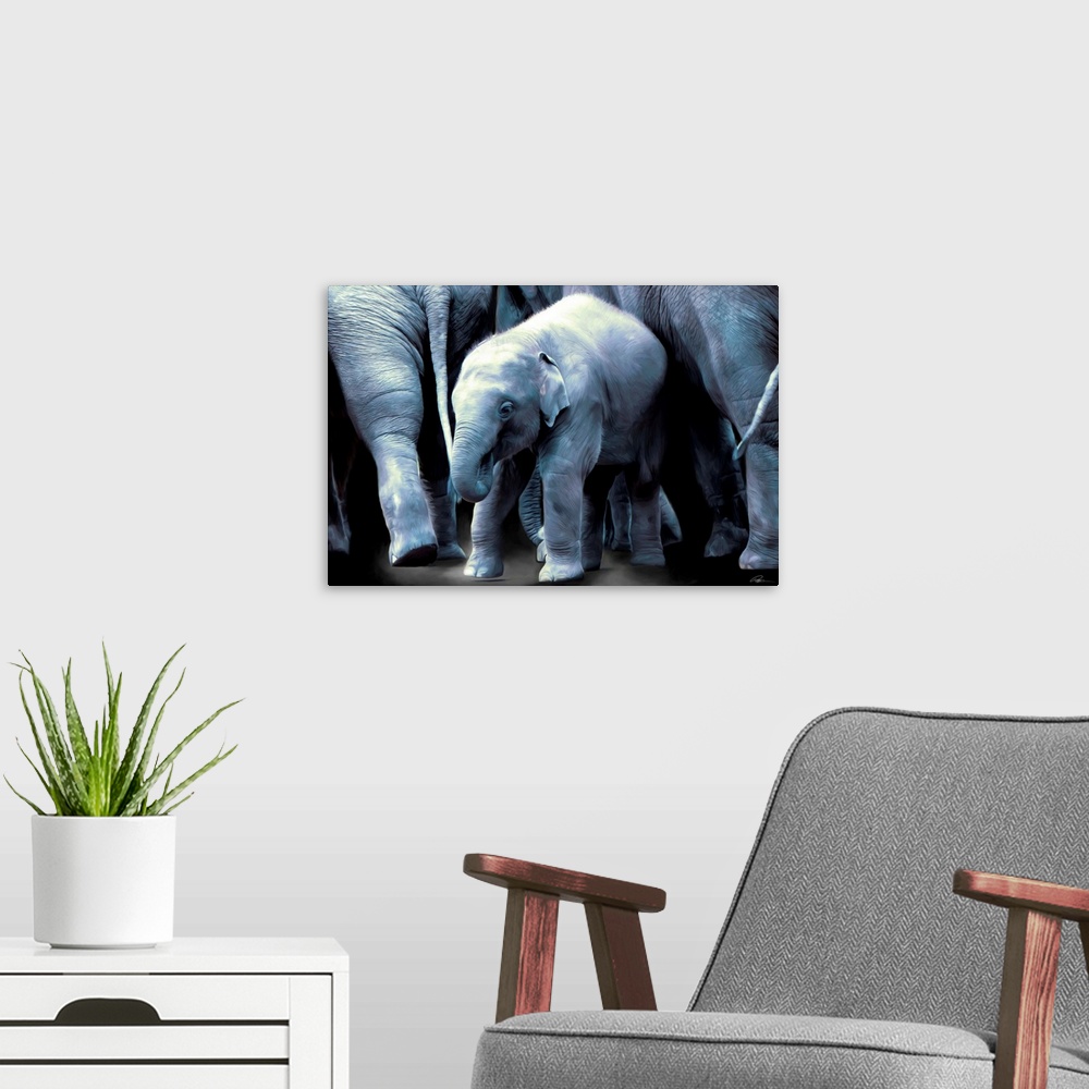 A modern room featuring Contemporary animal art of a baby elephant in a herd of adult elephants.