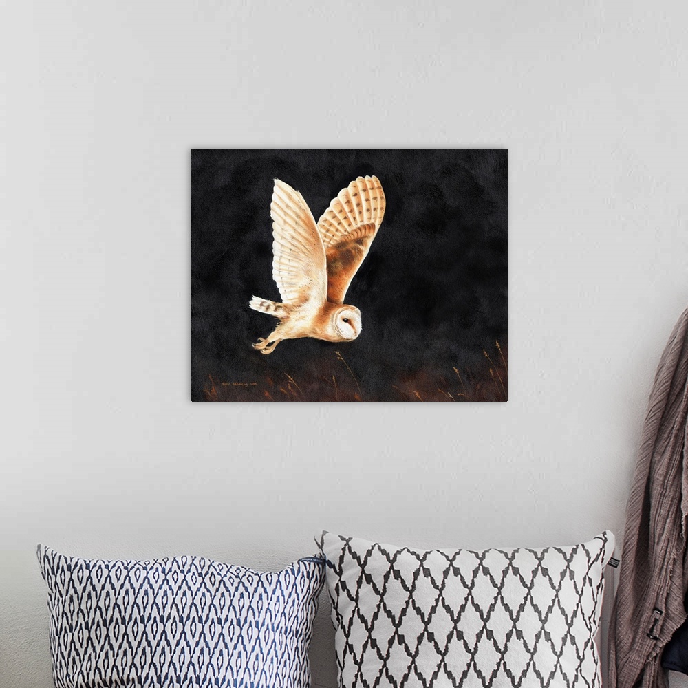 A bohemian room featuring Oil painting of a Barn owl in flight.