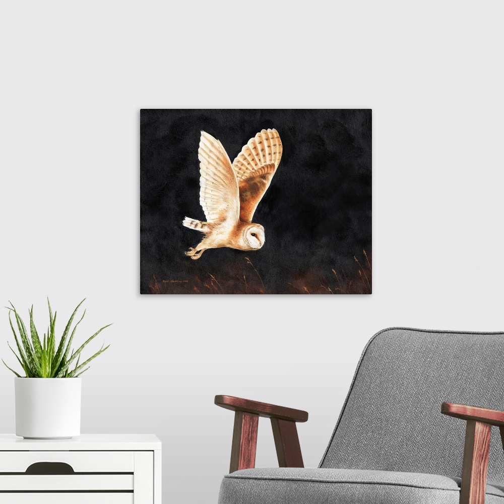 A modern room featuring Oil painting of a Barn owl in flight.