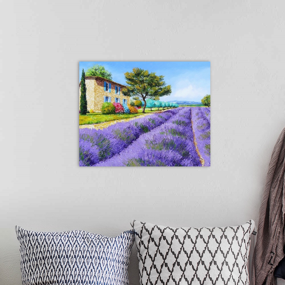 A bohemian room featuring Contemporary painting of a rural field of lavender crops.