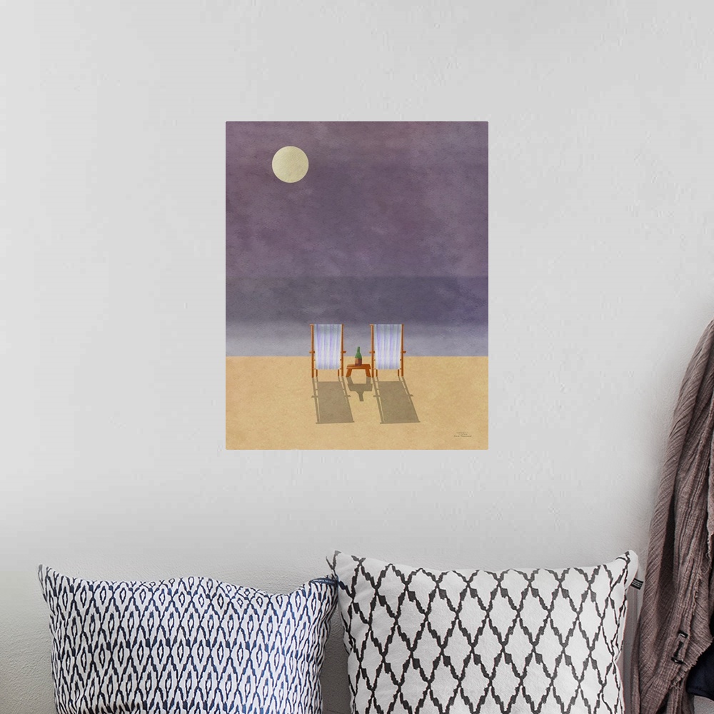 A bohemian room featuring Two beach chairs on the sand under a full moon.