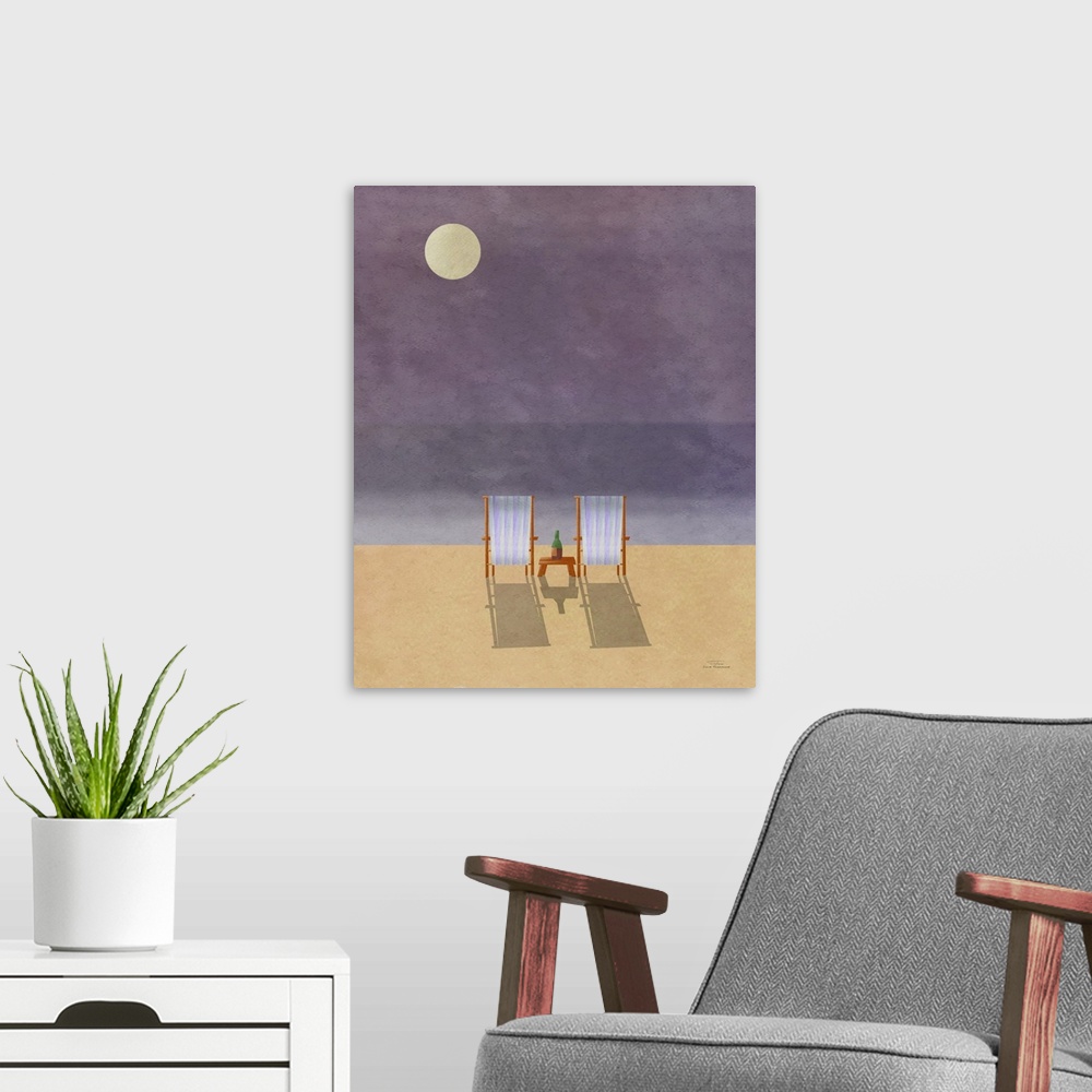 A modern room featuring Two beach chairs on the sand under a full moon.