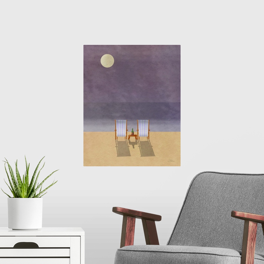 A modern room featuring Two beach chairs on the sand under a full moon.