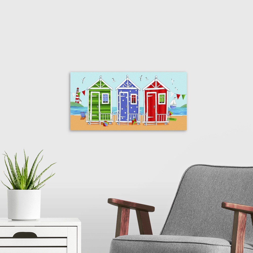 A modern room featuring Whimsical colorful beach art of three different colored beach huts, with the ocean in the backgro...
