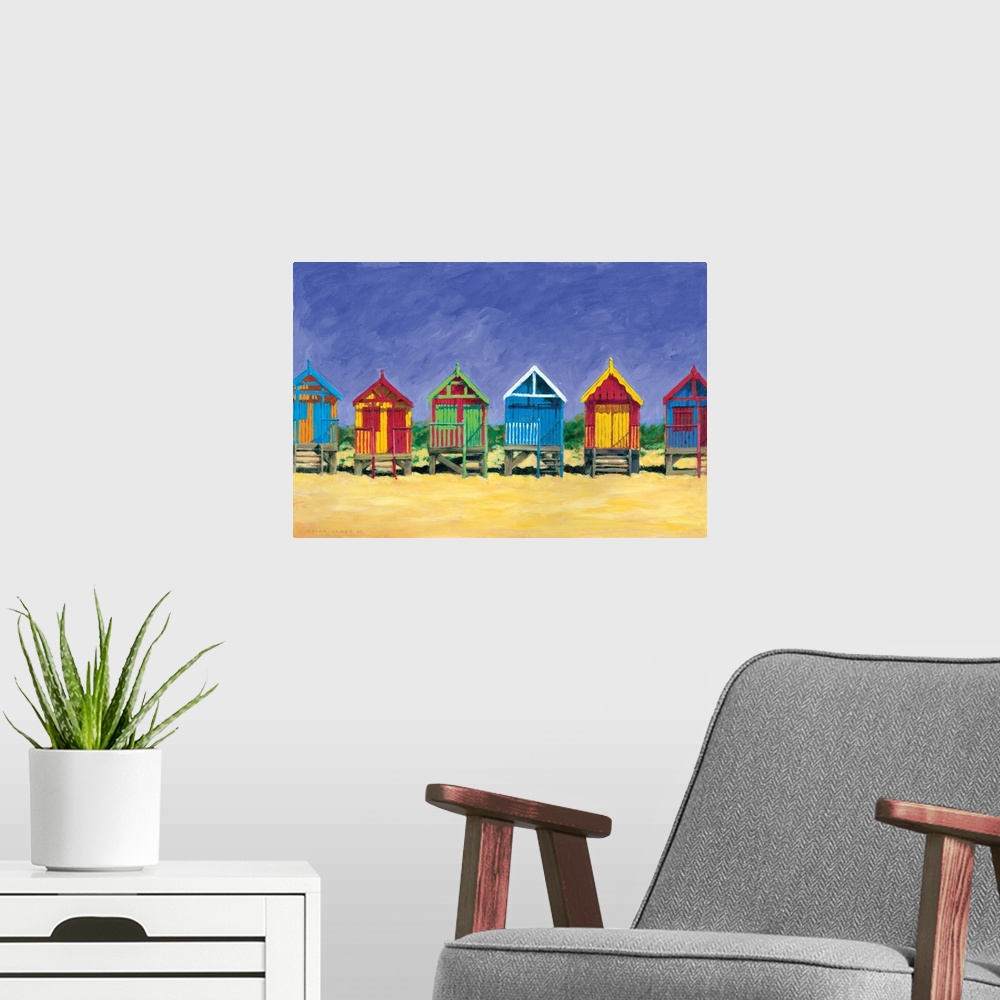 A modern room featuring Contemporary painting of colorful beach huts on a sandy golden beach.