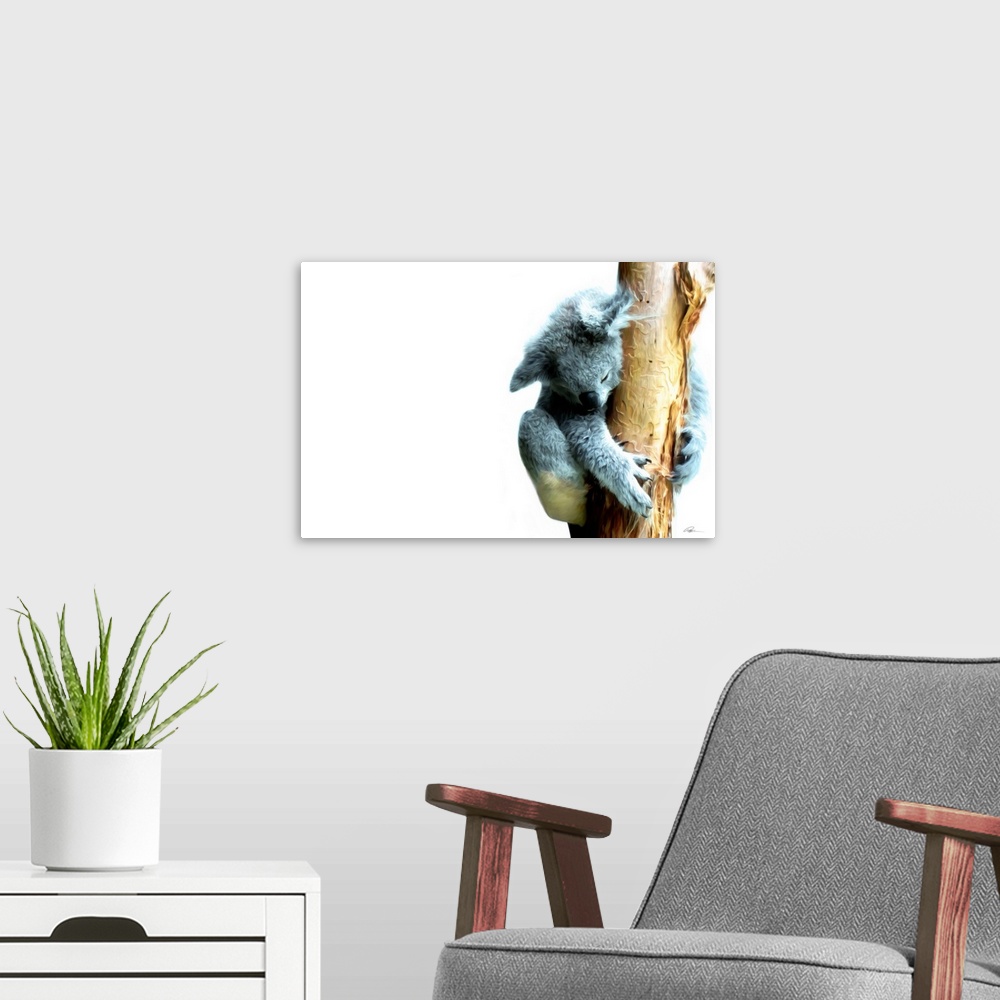 A modern room featuring Contemporary animal art of a koala bear sleeping while clutching a tree.