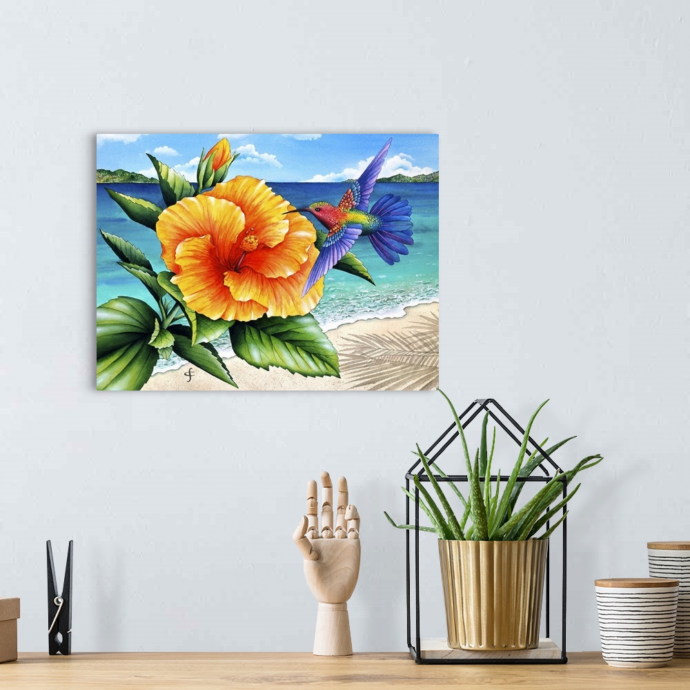 A bohemian room featuring Artwork of colorful and vibrant yellow tropical flower, with a hummingbird hovering beside it.