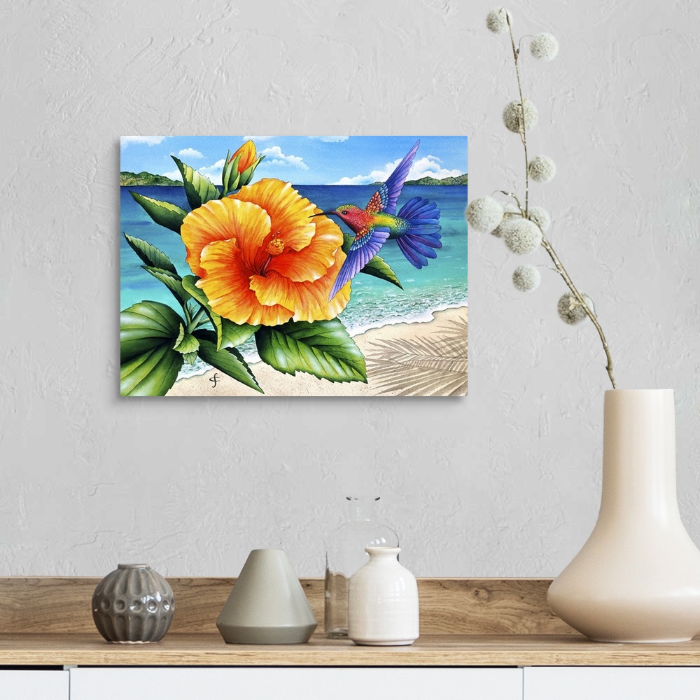 A farmhouse room featuring Artwork of colorful and vibrant yellow tropical flower, with a hummingbird hovering beside it.