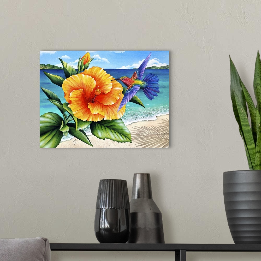 A modern room featuring Artwork of colorful and vibrant yellow tropical flower, with a hummingbird hovering beside it.