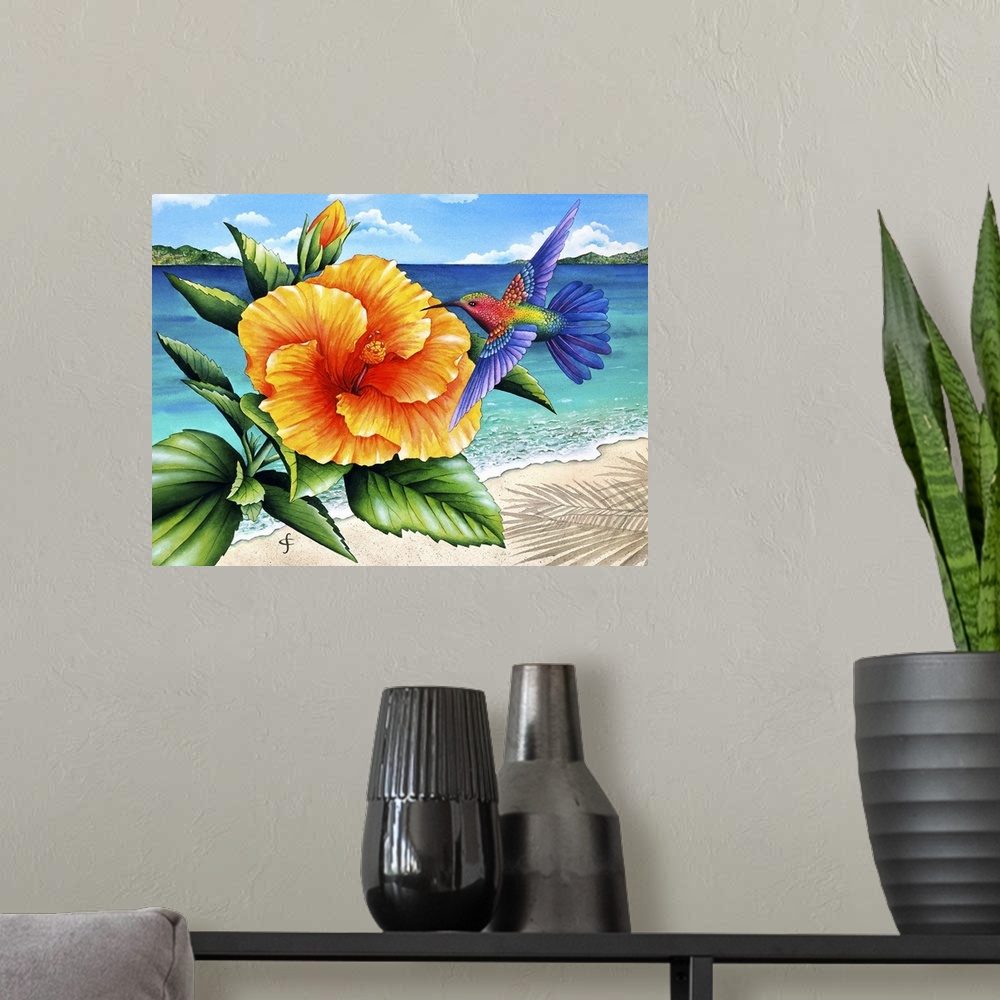 A modern room featuring Artwork of colorful and vibrant yellow tropical flower, with a hummingbird hovering beside it.