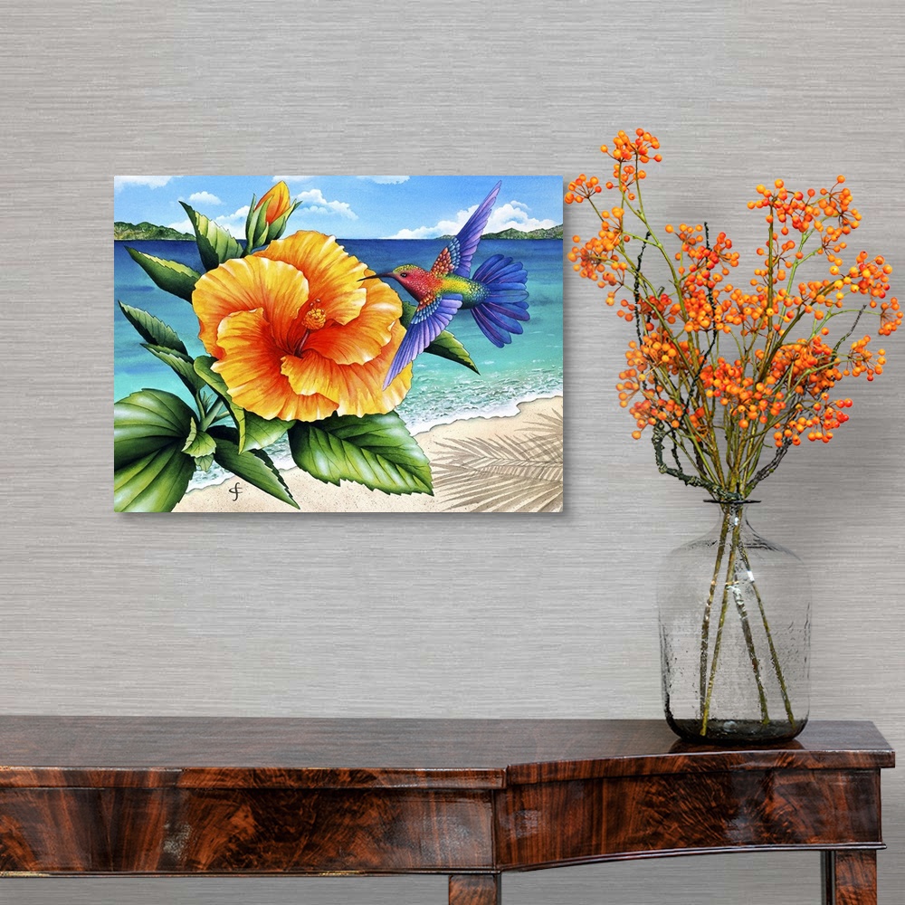 A traditional room featuring Artwork of colorful and vibrant yellow tropical flower, with a hummingbird hovering beside it.