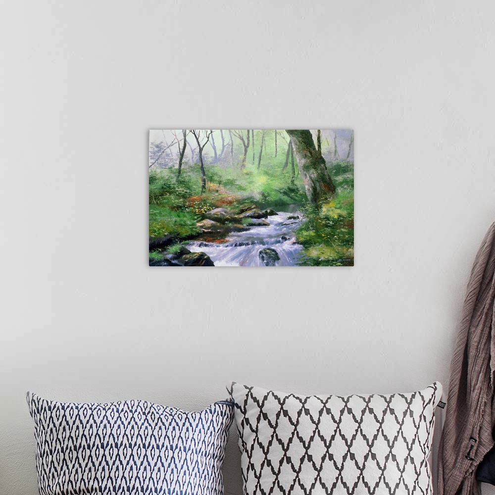 A bohemian room featuring Contemporary painting of a stream moving through a forest.