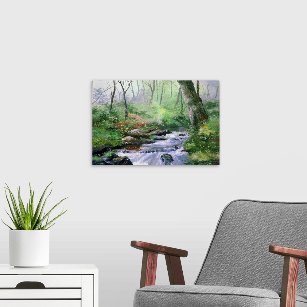 A modern room featuring Contemporary painting of a stream moving through a forest.