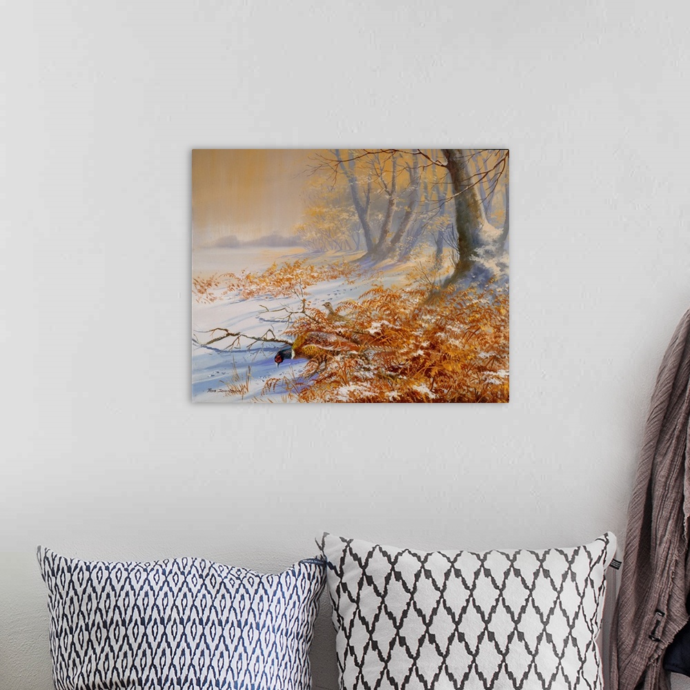 A bohemian room featuring Contemporary painting of rural landscape in winter.