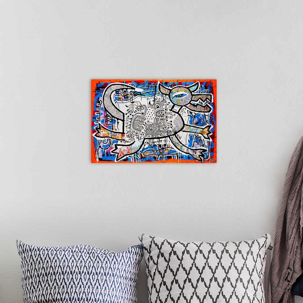 A bohemian room featuring Contemporary abstract painting of a bull like figure in an urban style, with lots of color and de...