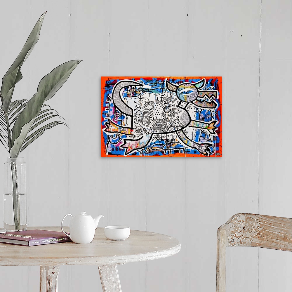 A farmhouse room featuring Contemporary abstract painting of a bull like figure in an urban style, with lots of color and de...