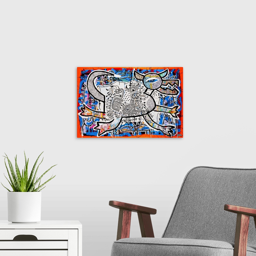 A modern room featuring Contemporary abstract painting of a bull like figure in an urban style, with lots of color and de...