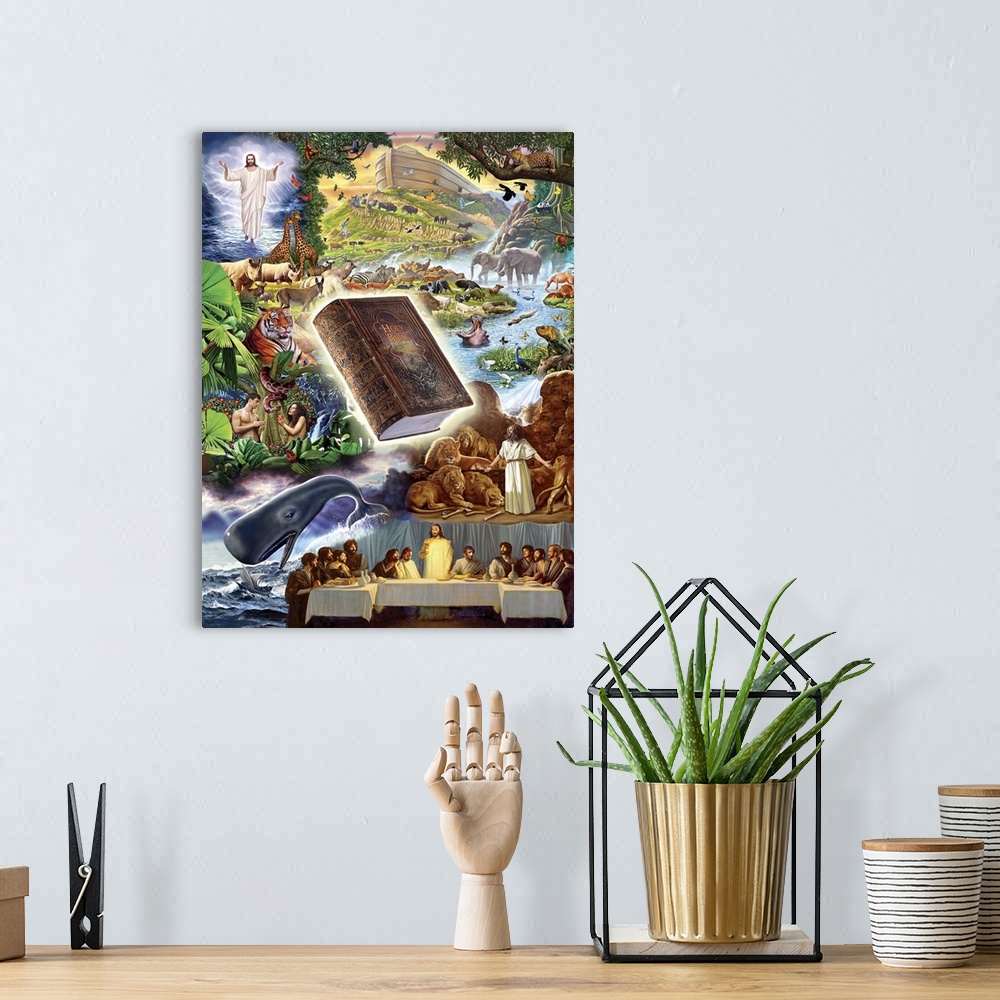 A bohemian room featuring Elements from the Bible in composite format - walking on the water, Noahs Ark, The Bible, Daniel ...