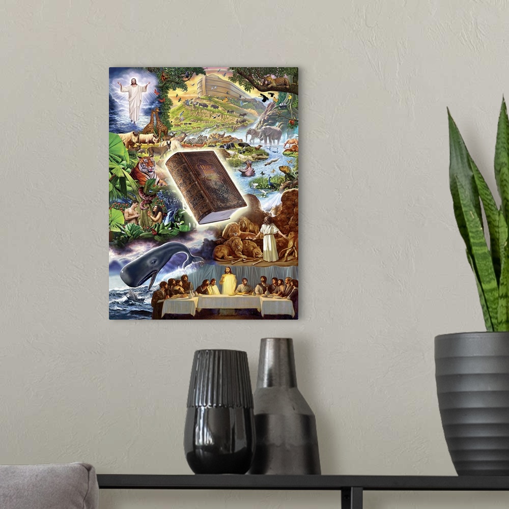 A modern room featuring Elements from the Bible in composite format - walking on the water, Noahs Ark, The Bible, Daniel ...