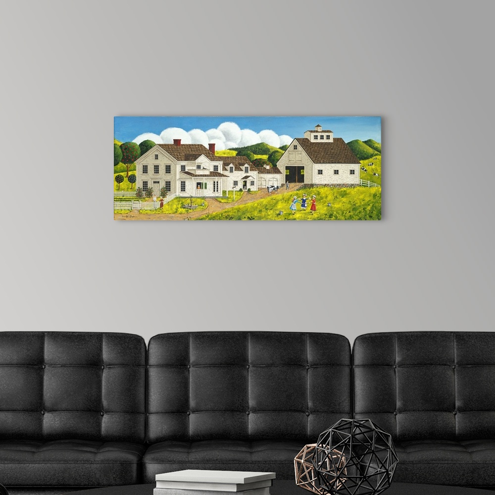 A modern room featuring Americana scene of children playing outside of a large farmhouse and barn.