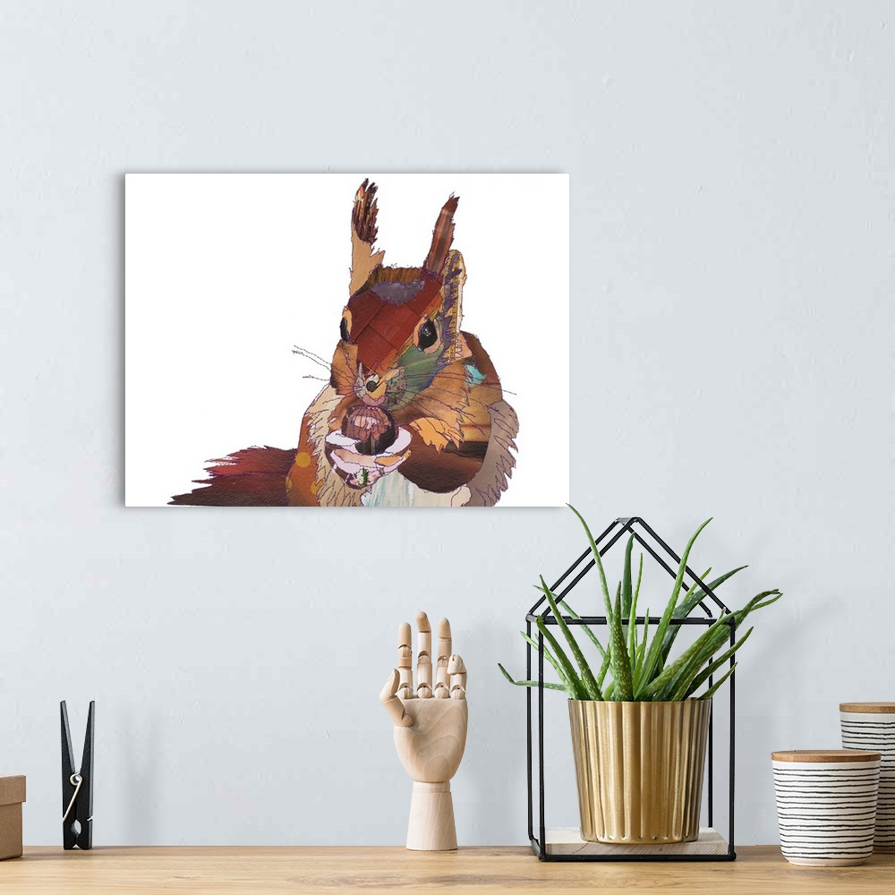 A bohemian room featuring Horizontal artwork of a red squirrel with a nut in a collage style outlined in stitches.