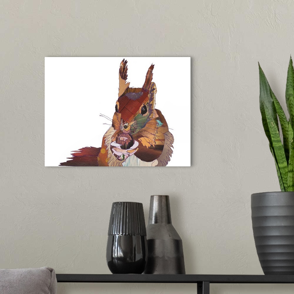 A modern room featuring Horizontal artwork of a red squirrel with a nut in a collage style outlined in stitches.