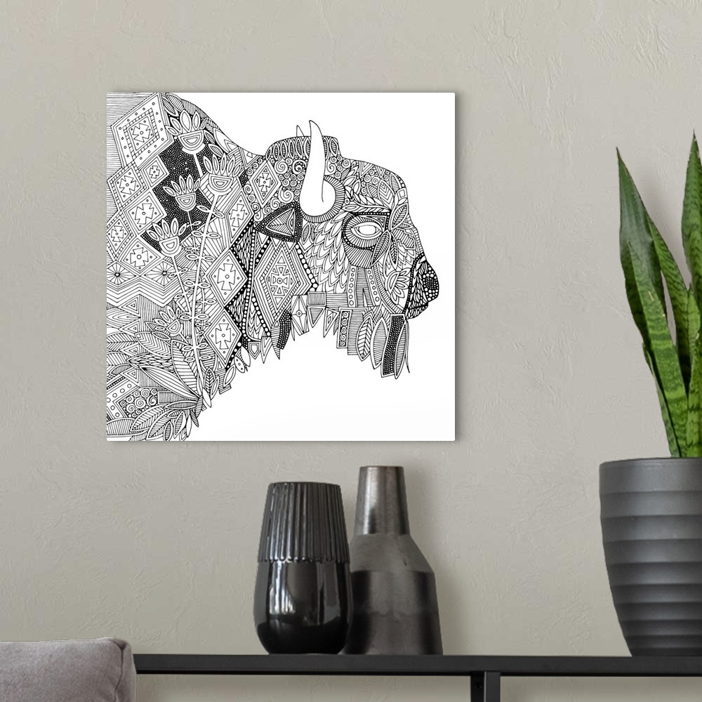 A modern room featuring Illustration of a buffalo with geometric patterns.