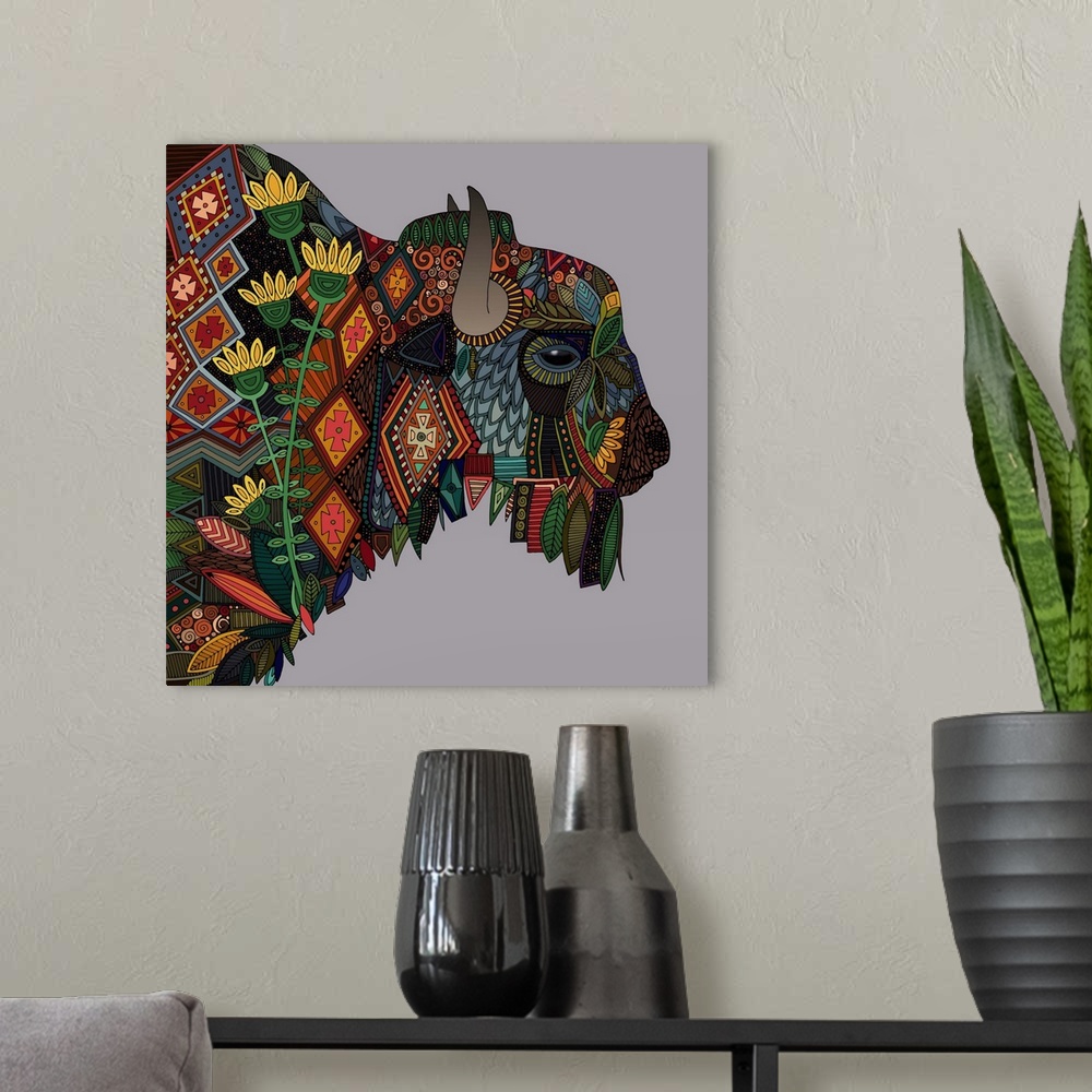 A modern room featuring Illustration of a buffalo with geometric patterns.