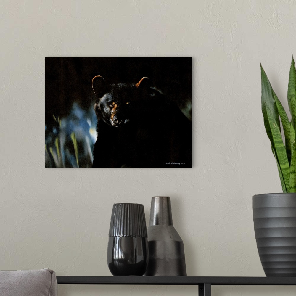 A modern room featuring Oil painting of a Black bear.