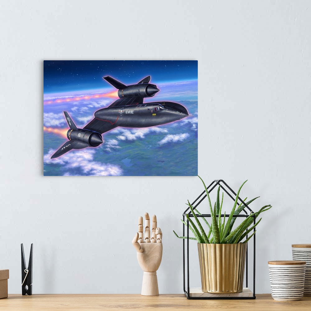A bohemian room featuring An SR-71 Blackbird cruises at high speed and altitude.
